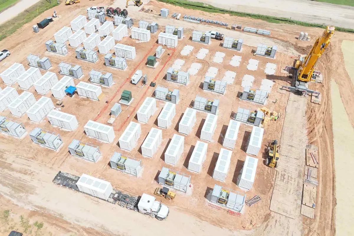 Aerial view of a containerized battery energy storage microgrid under construction