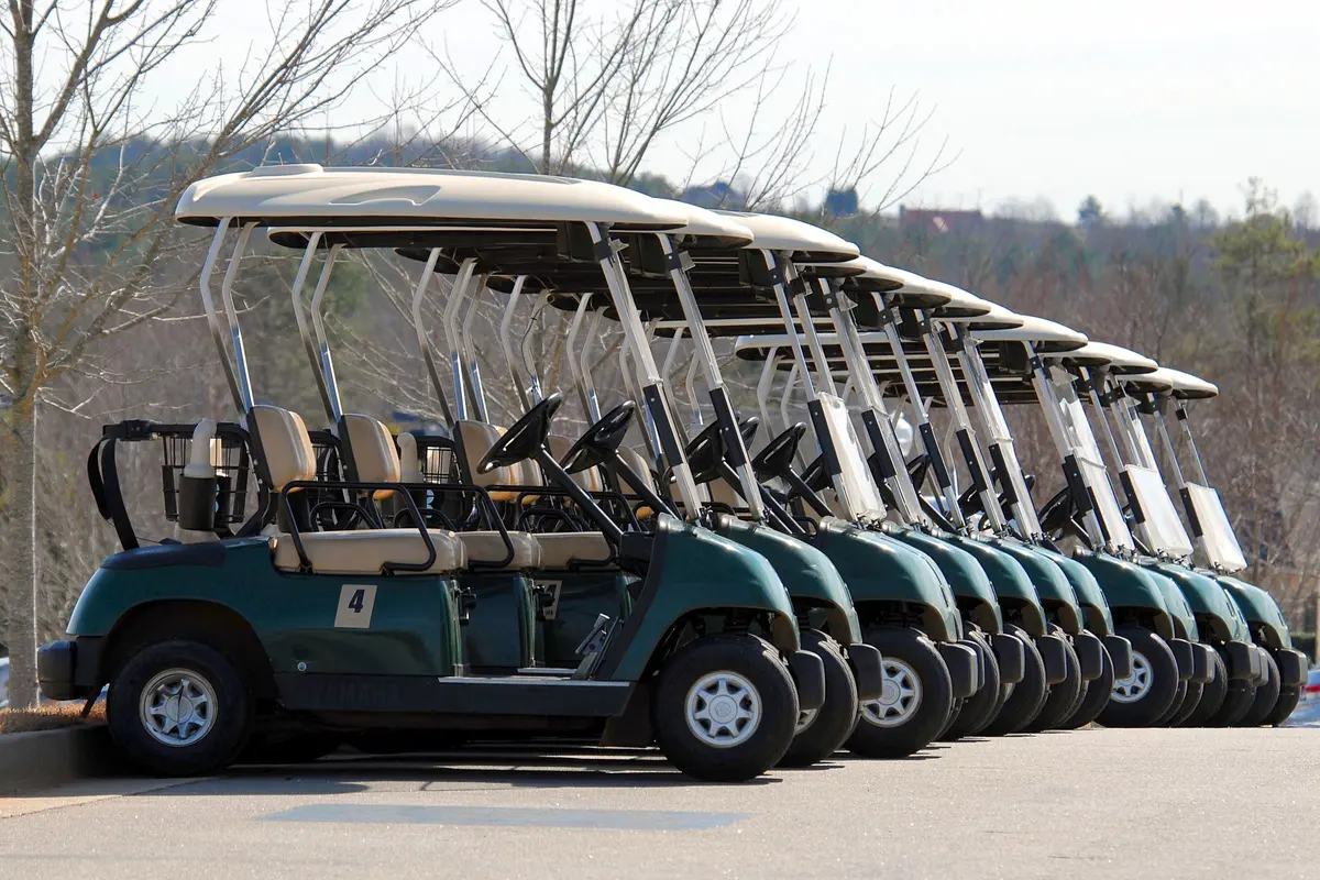 Row of identical resort golf carts parked together, representing a converted rental fleet