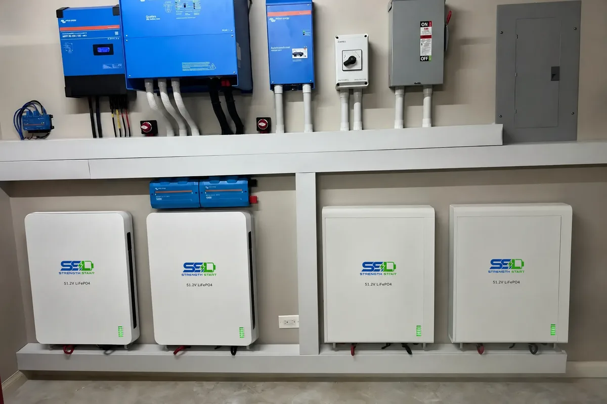 Four 51.2 V LiFePO4 home ESS batteries wall-mounted beside inverters for whole-home backup
