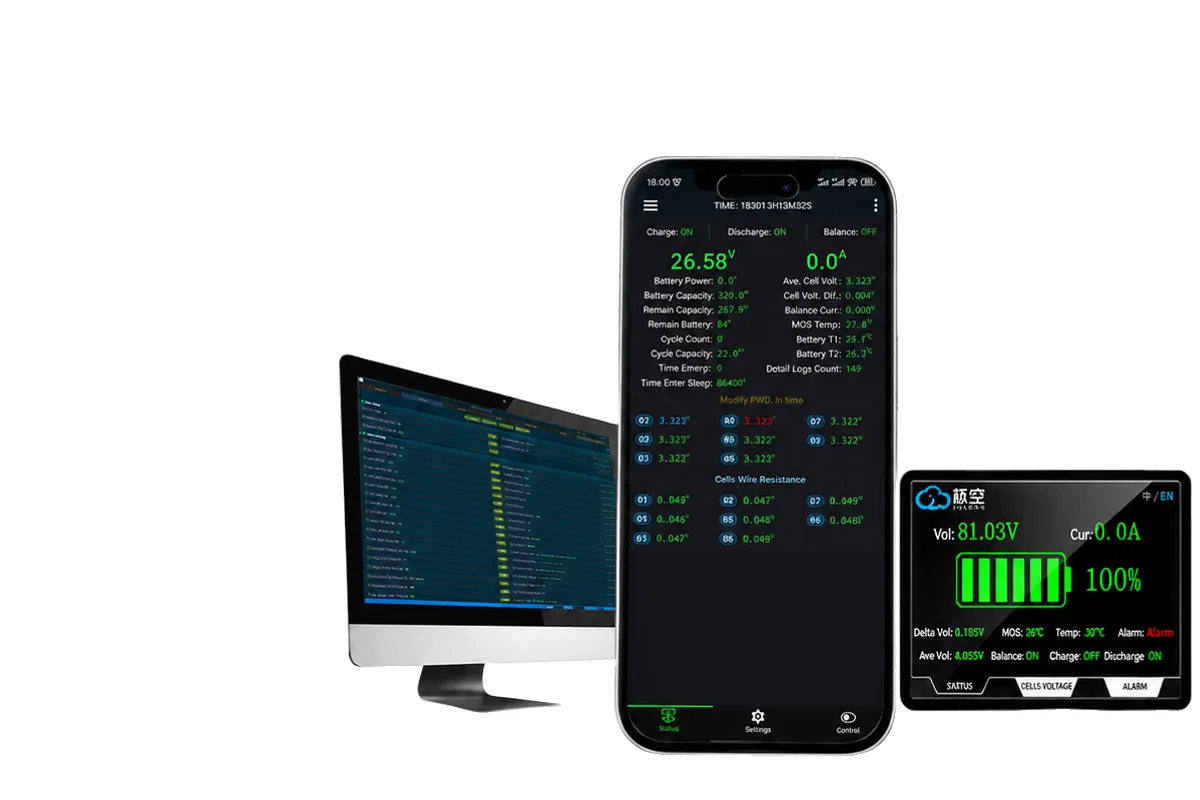 Battery management monitoring interface showing SOC, cell voltages and alarms on phone, desktop and display